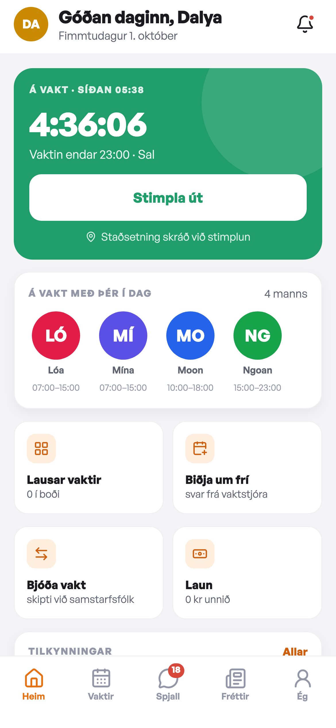 VAKTO-appið: á vakt síðan 05:38, stimpla út
