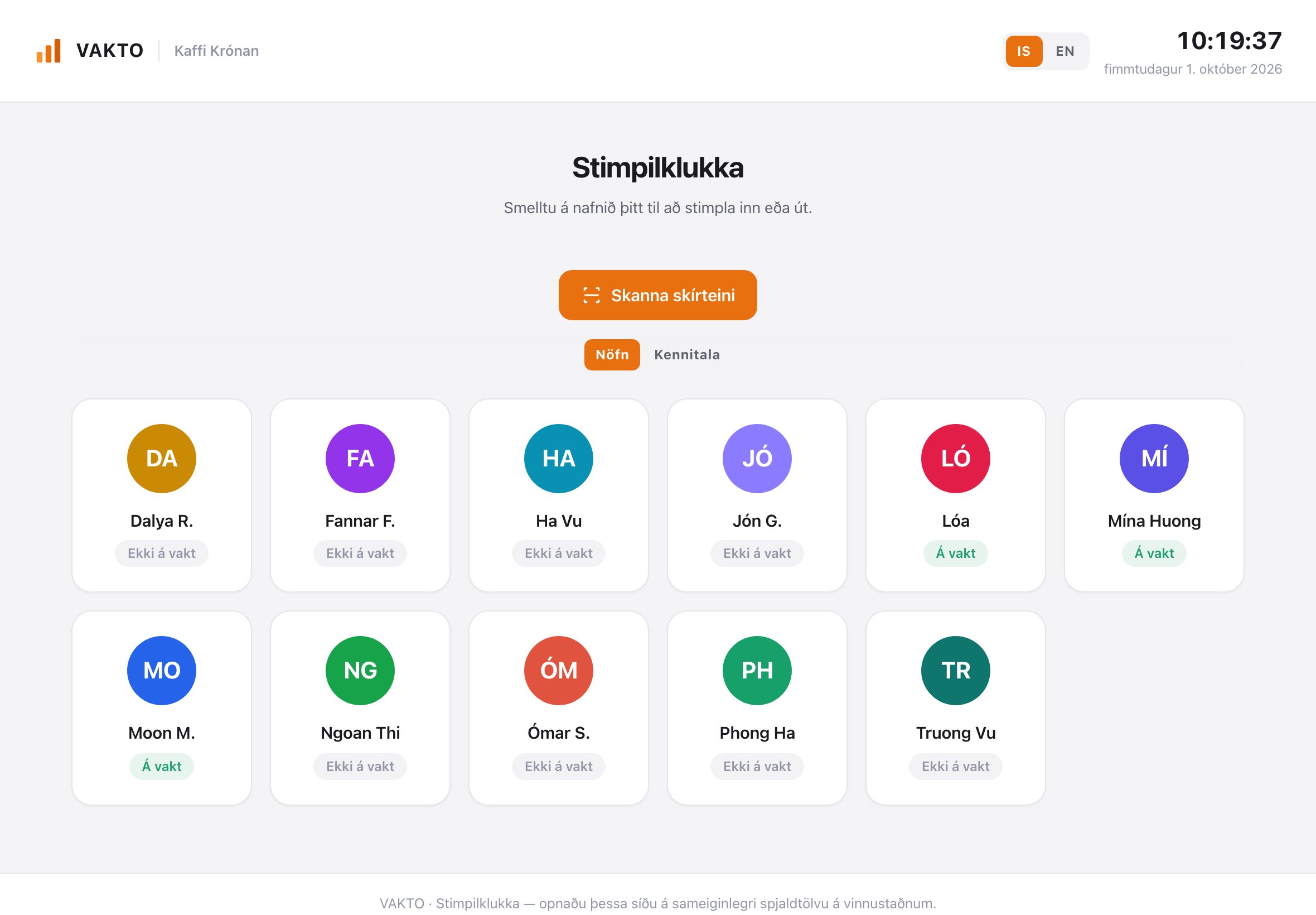 Stimpilklukkan á spjaldtölvu: allt starfsfólk og hver er á vakt